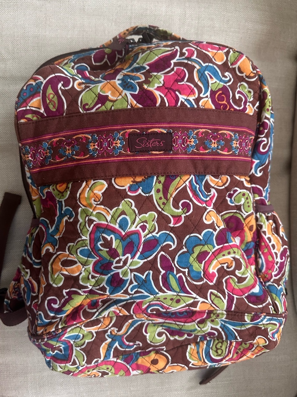 Longaberger “Sisters” Multicolor Floral Quilt/Padded Backpack & Tumbler Carrier
